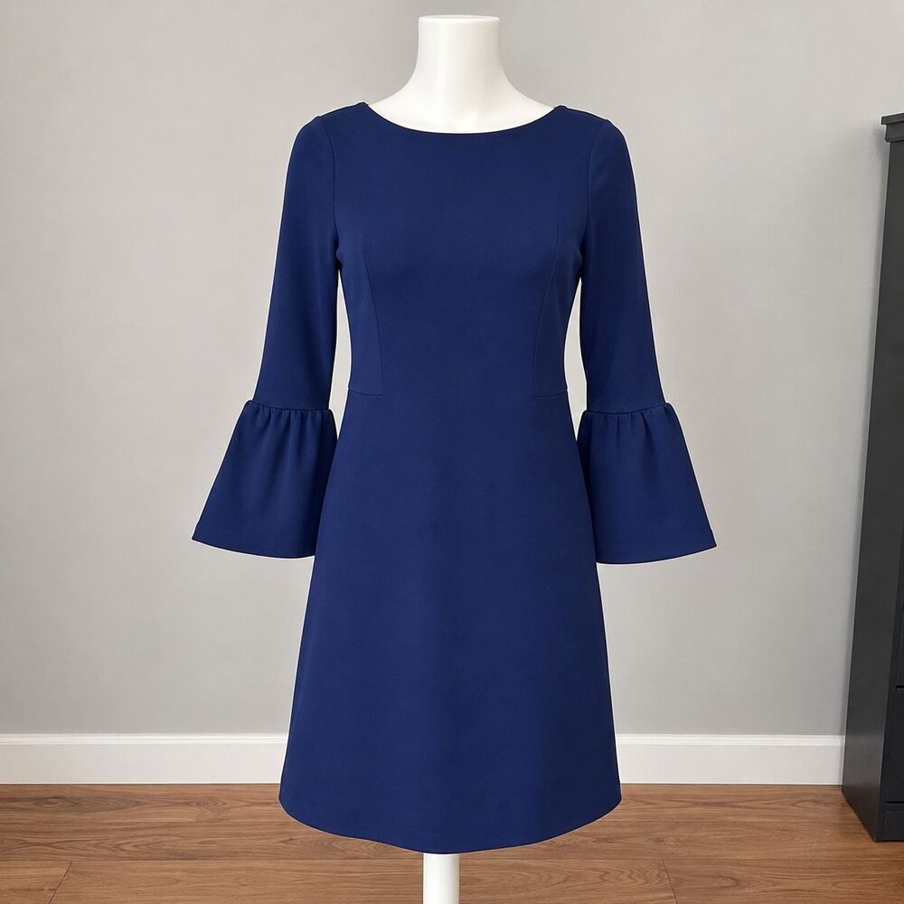 Cocktail Dark Acedemia Navy Blue Bell Sleeve Shift Dress Womens Petite Small